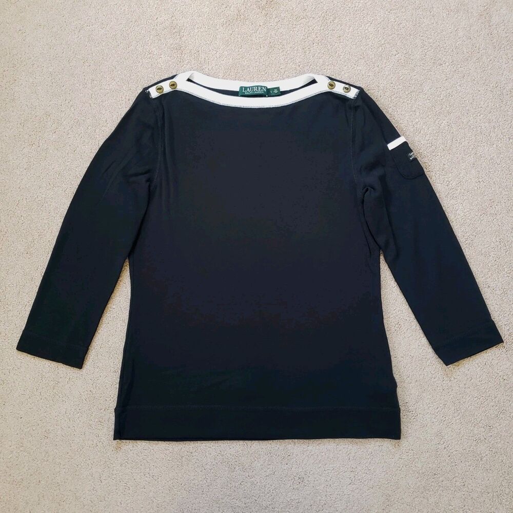 Lauren Ralph Lauren Boat Neck Top Metal Tone Shoulder Buttons Cotton Black Large